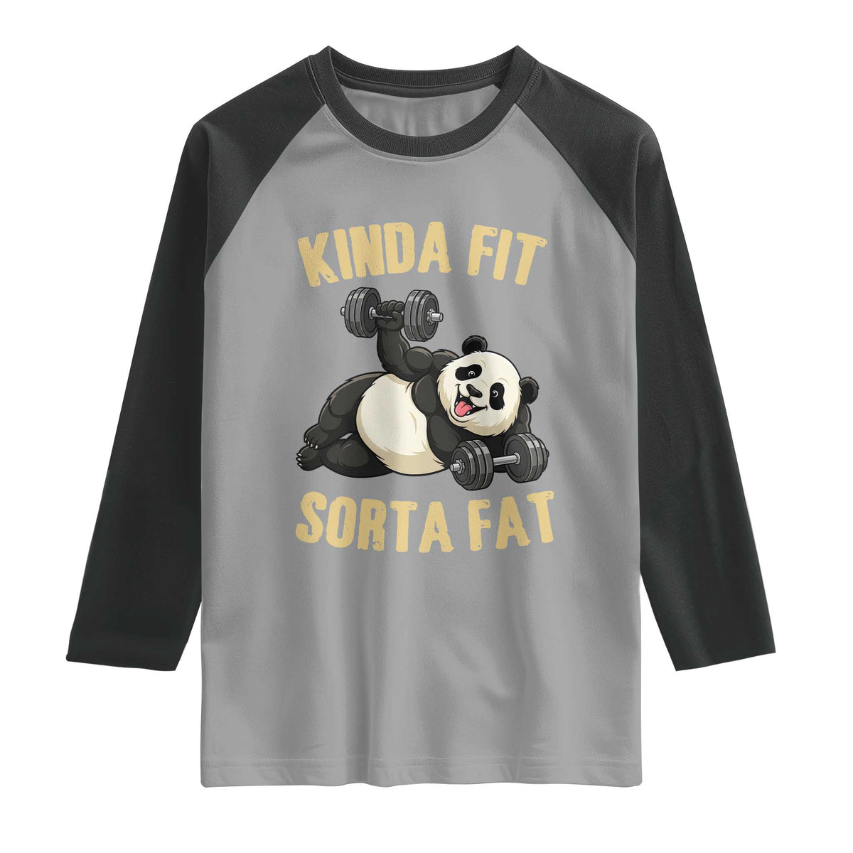 Funny Panda Weightlifting Workout Raglan Shirt Kinda Fit Sorta Fat TS12 Sport Gray Black Print Your Wear