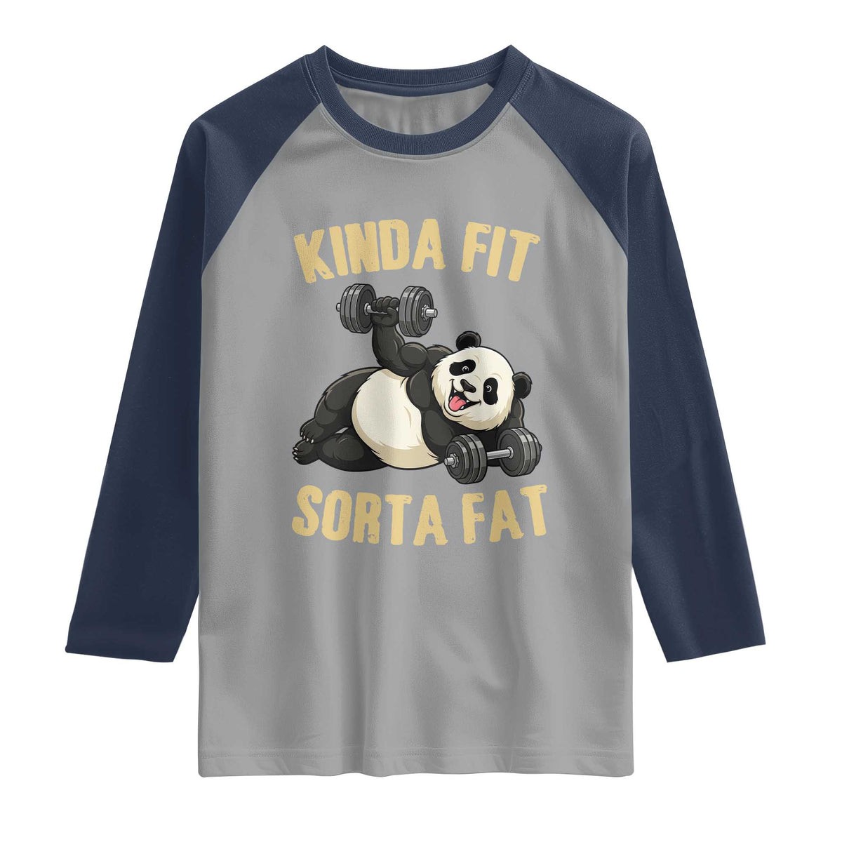 Funny Panda Weightlifting Workout Raglan Shirt Kinda Fit Sorta Fat TS12 Sport Gray Navy Print Your Wear