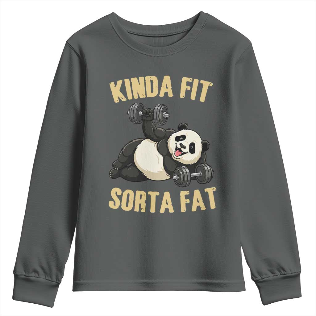 Funny Panda Weightlifting Workout Youth Sweatshirt Kinda Fit Sorta Fat TS12 Dark Heather Print Your Wear