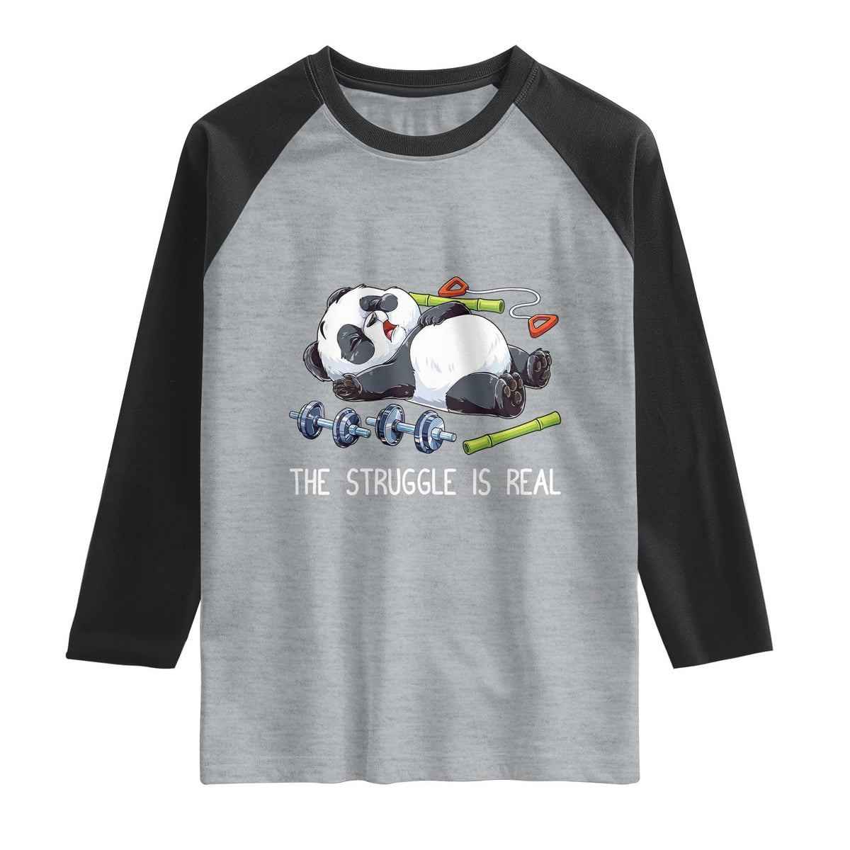 Funny Panda Workout Gift Raglan Shirt The Struggle Is Real TS12 Heather Gray Black Print Your Wear