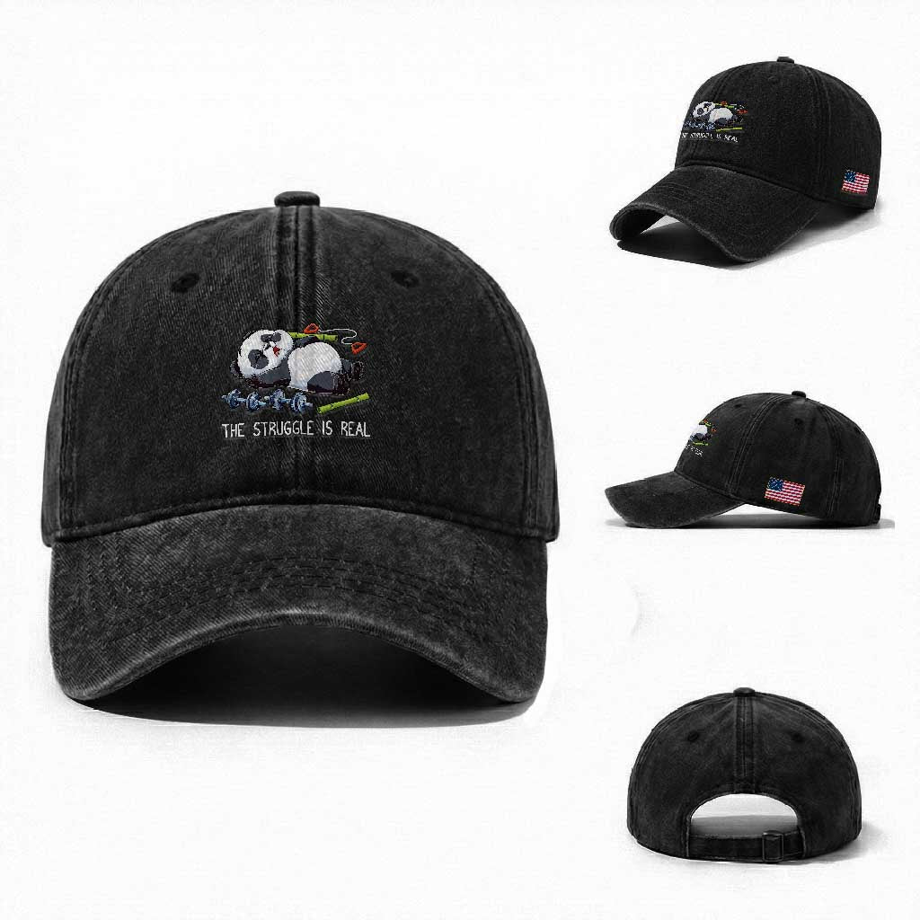 Funny Panda Workout Gift Washed Cotton Baseball Cap The Struggle Is Real TS12 Washed Cap Universal Fit Black Print Your Wear