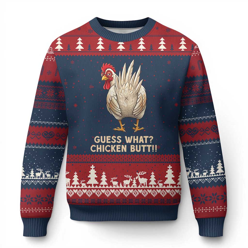 Guess What Chicken Butt Joke Ugly Christmas Sweater Funny Chicken Lover Graphic TS12 Navy Red Print Your Wear