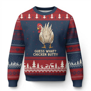 Guess What Chicken Butt Joke Ugly Christmas Sweater Funny Chicken Lover Graphic TS12 Navy Red Print Your Wear