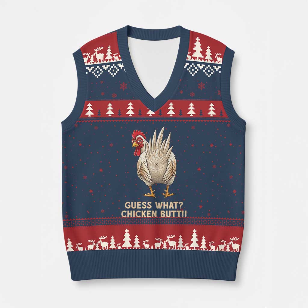 Guess What Chicken Butt Joke V-Neck Knit Sweater Vest Funny Chicken Lover Graphic TS12 Navy Red Print Your Wear