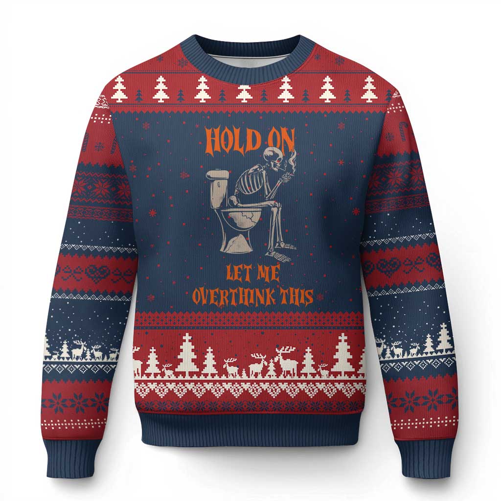 Funny Skeleton Let Me Overthink This Ugly Christmas Sweater Sarcastic Dark Humor Quote TS12 Navy Red Print Your Wear