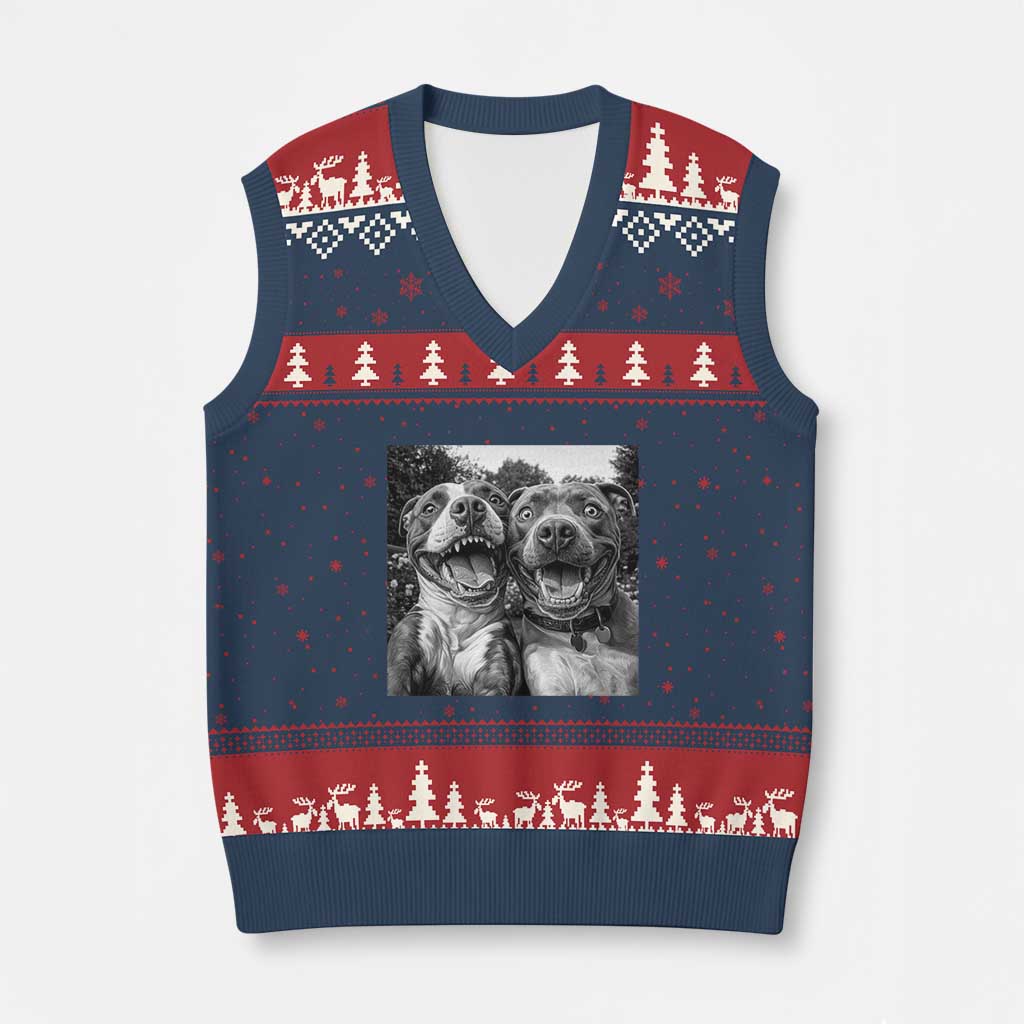 Pitbull Selfie Meme V-Neck Knit Sweater Vest Funny Dog Lover Graphic TS12 Navy Red Print Your Wear