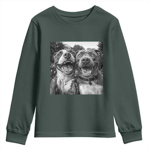 Pitbull Selfie Meme Youth Sweatshirt Funny Dog Lover Graphic TS12 Dark Forest Green Print Your Wear