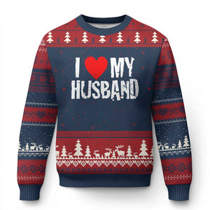 Cool Marriage Humor Gift For Wife Ugly Christmas Sweater I Love My Husband TS12 Navy Red Print Your Wear