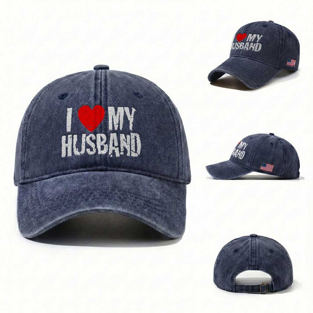 Cool Marriage Humor Gift For Wife Washed Cotton Baseball Cap I Love My Husband TS12 Washed Cap Universal Fit Navy Print Your Wear
