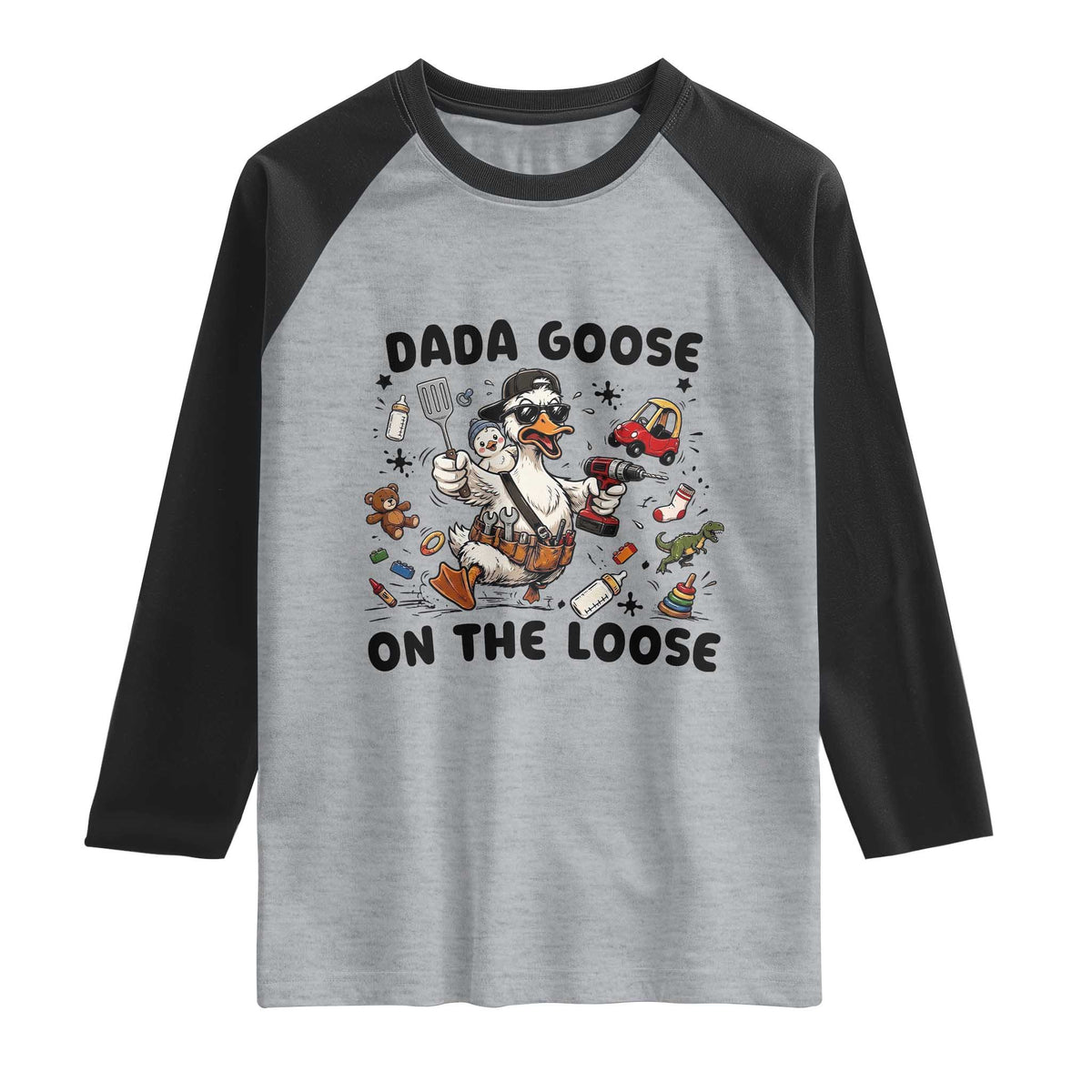 Dada Goose On The Loose Raglan Shirt Funny Fatherhood Humor Gift TS12 Heather Gray Black Print Your Wear