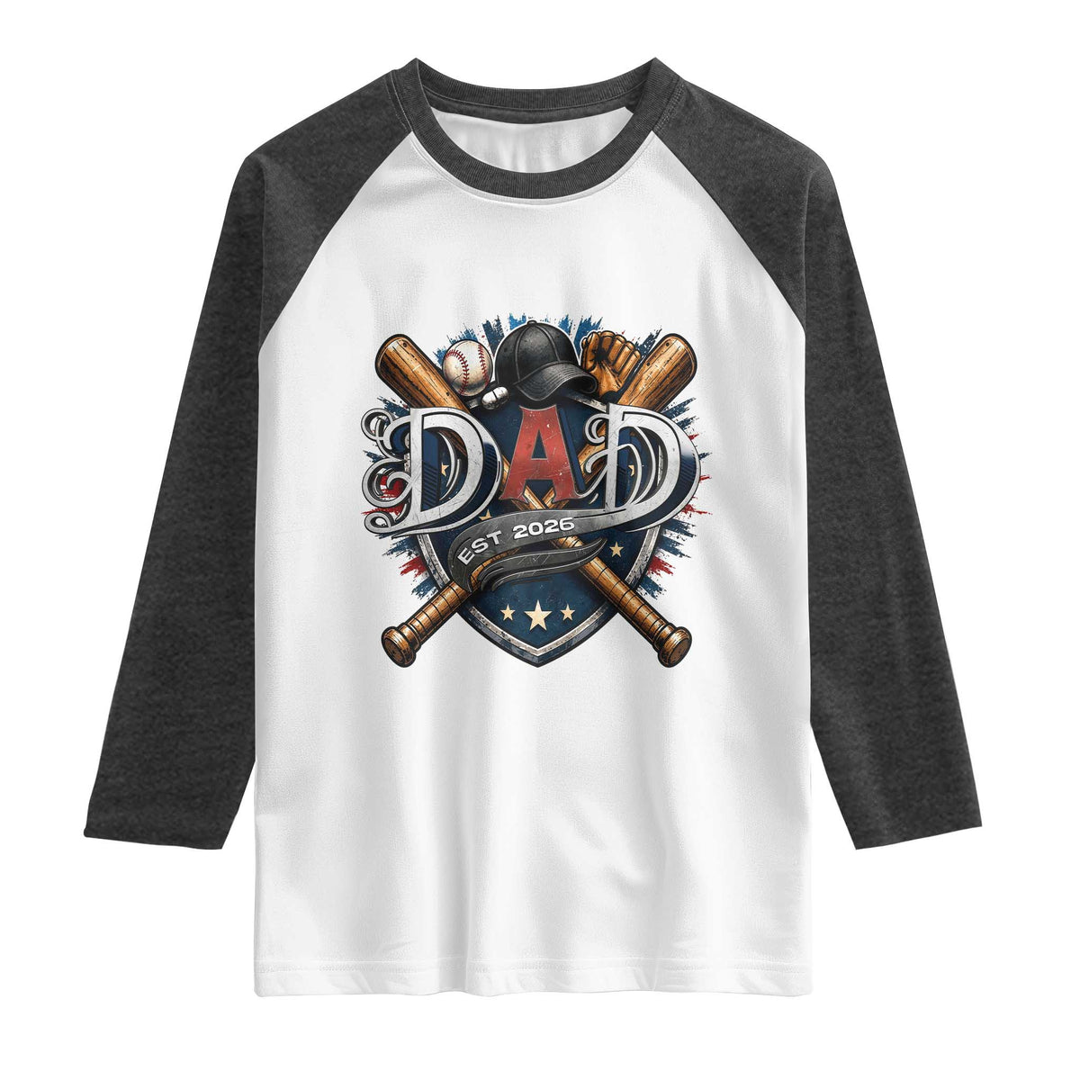 Baseball Dad Est 2026 Raglan Shirt New Dad Father's Day Gift TS12 White Heather Charcoal Print Your Wear