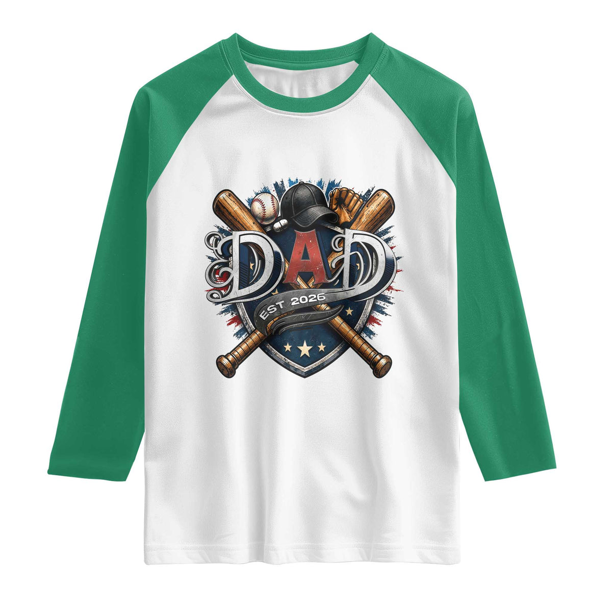Baseball Dad Est 2026 Raglan Shirt New Dad Father's Day Gift TS12 White Kelly Green Print Your Wear