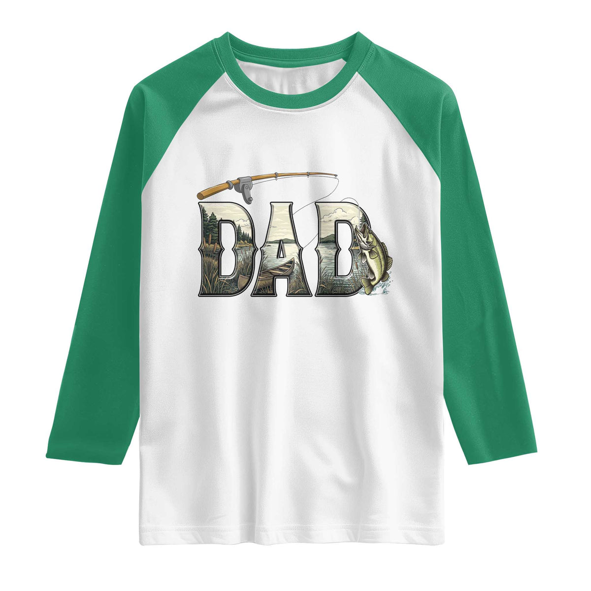 Fishing Dad Raglan Shirt Funny Angler Fathers Day Gift TS12 White Kelly Green Print Your Wear