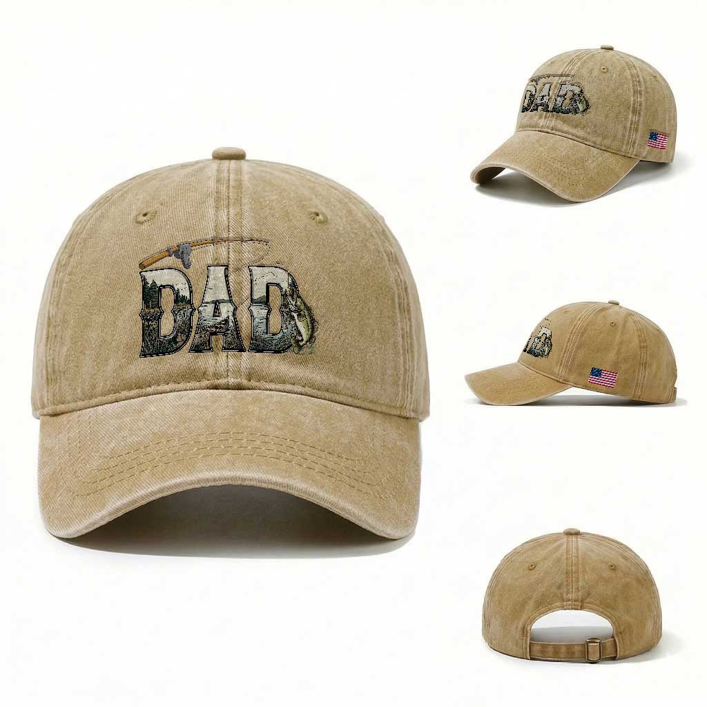 Fishing Dad Washed Cotton Baseball Cap Funny Angler Fathers Day Gift TS12 Washed Cap Universal Fit Khaki Print Your Wear