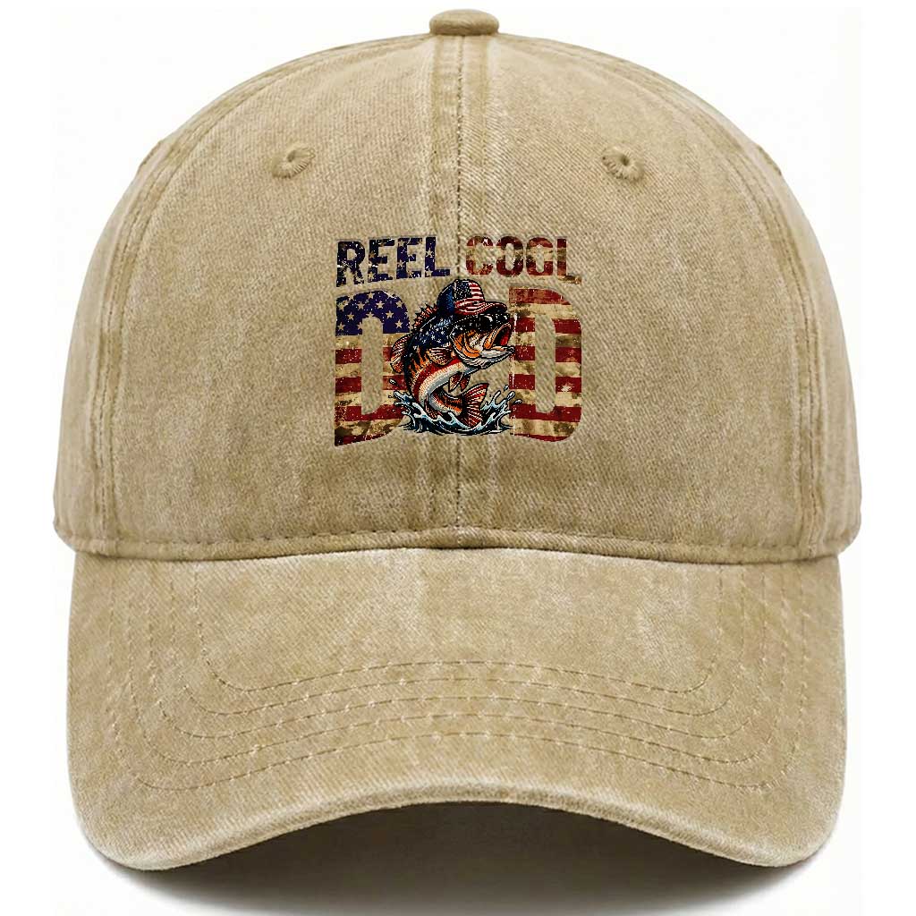 Patriotic Reel Cool Dad Washed Cotton Baseball Cap American Flag Fishing Fathers Day Gift TS12 Print Your Wear