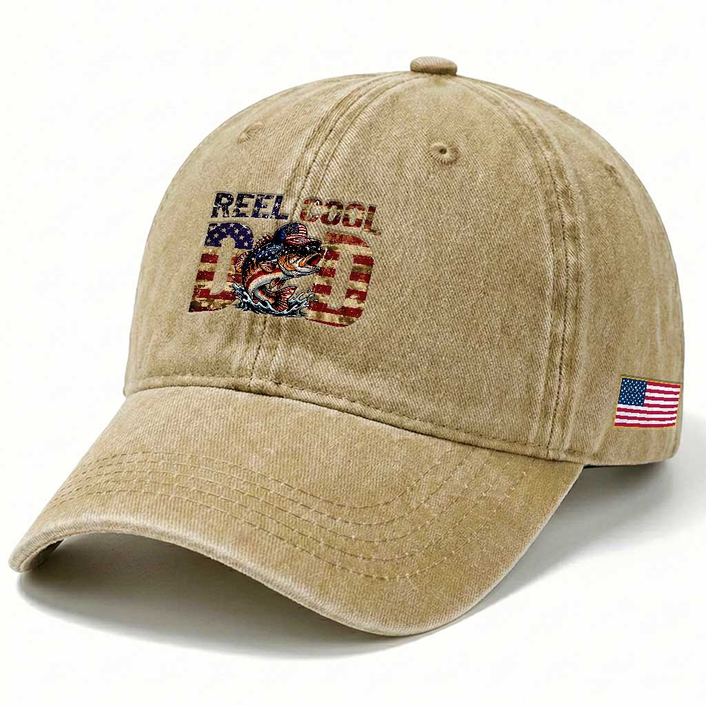 Patriotic Reel Cool Dad Washed Cotton Baseball Cap American Flag Fishing Fathers Day Gift TS12 Print Your Wear