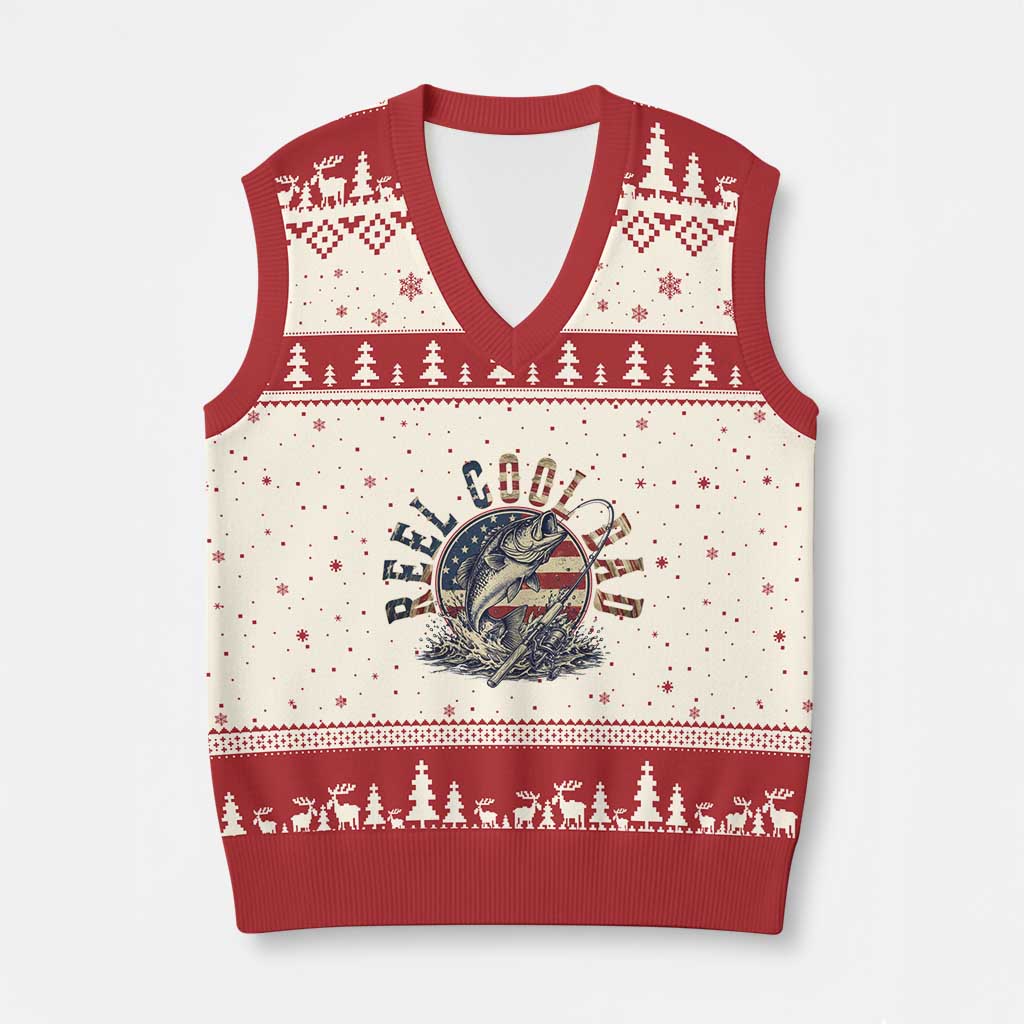 Reel Cool Dad Graphic V-Neck Knit Sweater Vest 4th Of July Fishing Patriotic Dad TS12 Beige Red Print Your Wear