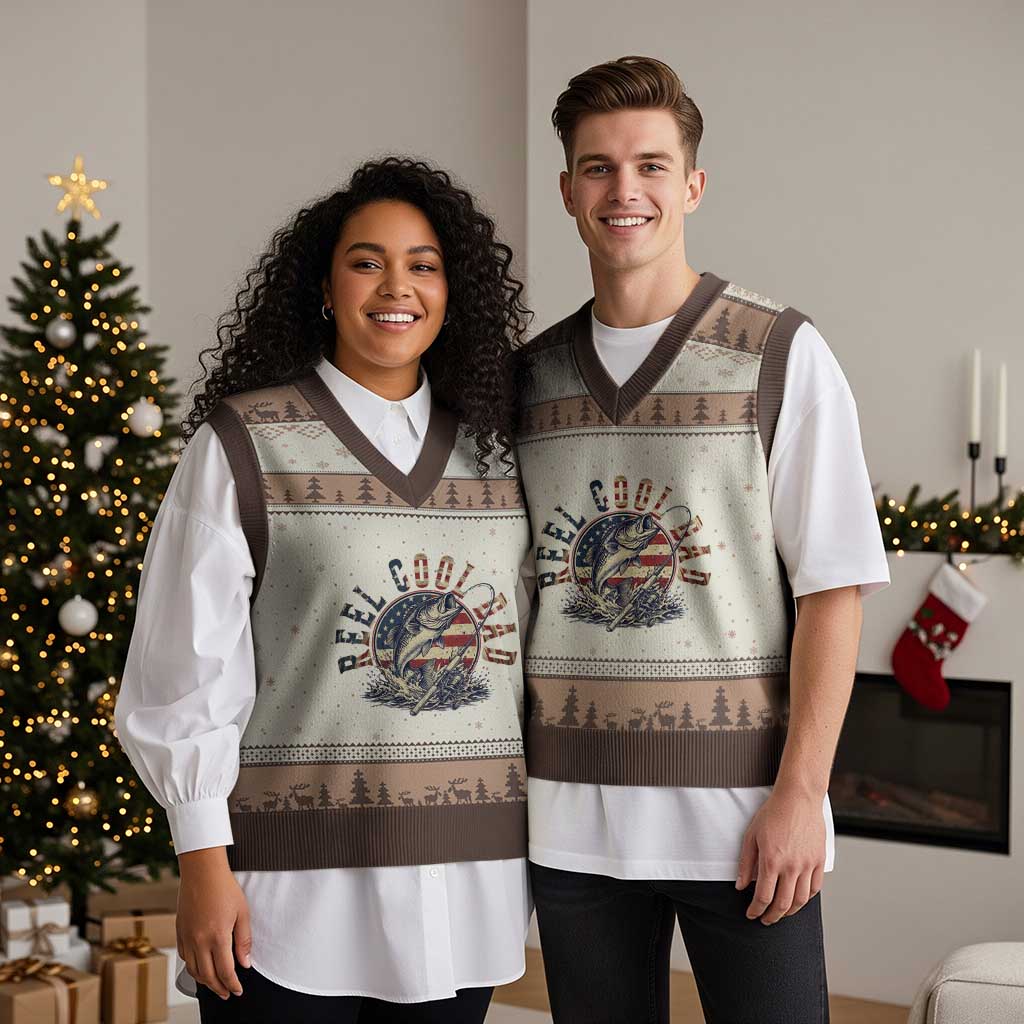 Reel Cool Dad Graphic V-Neck Knit Sweater Vest 4th Of July Fishing Patriotic Dad TS12 Mocha Mousse Print Your Wear