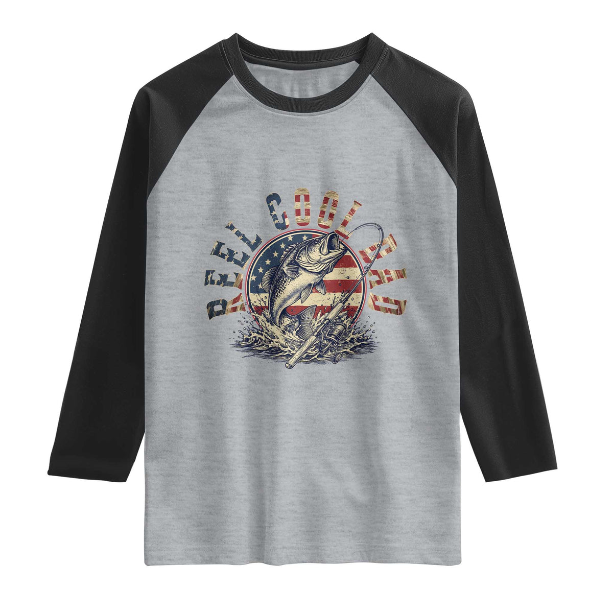 Reel Cool Dad Graphic Raglan Shirt 4th Of July Fishing Patriotic Dad TS12 Heather Gray Black Print Your Wear