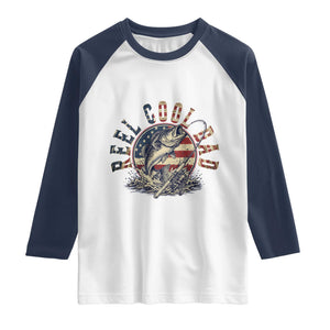 Reel Cool Dad Graphic Raglan Shirt 4th Of July Fishing Patriotic Dad TS12 White Navy Print Your Wear