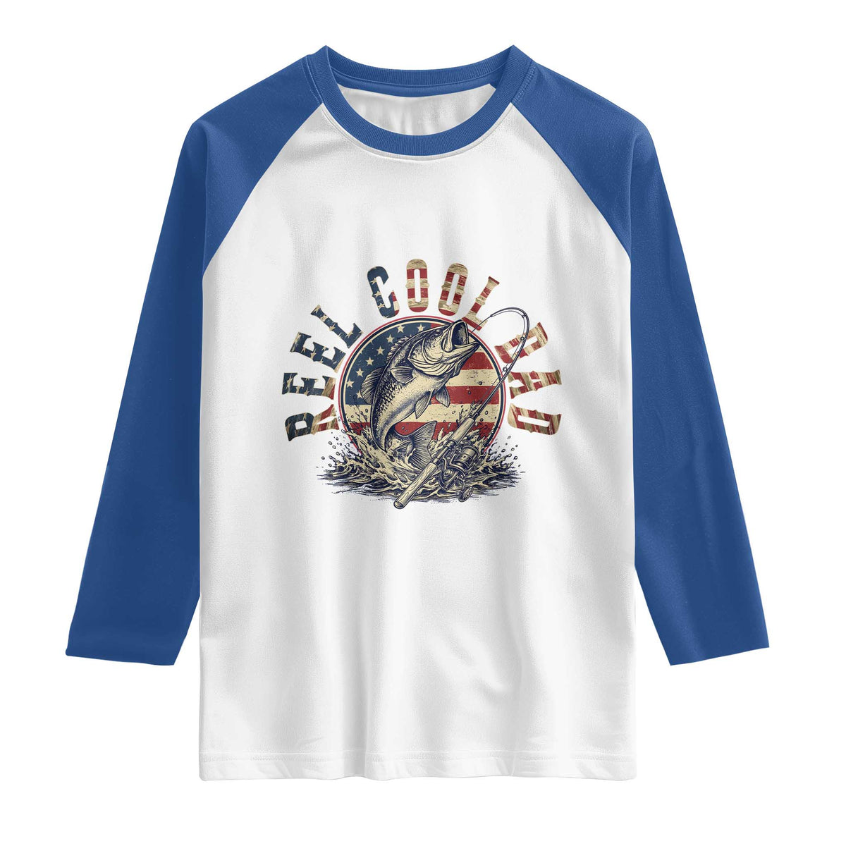 Reel Cool Dad Graphic Raglan Shirt 4th Of July Fishing Patriotic Dad TS12 White Royal Print Your Wear
