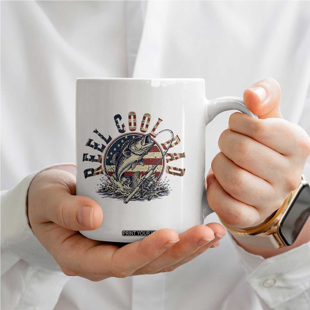 Reel Cool Dad Graphic Coffee Mug 4th Of July Fishing Patriotic Dad TS12 Print Your Wear