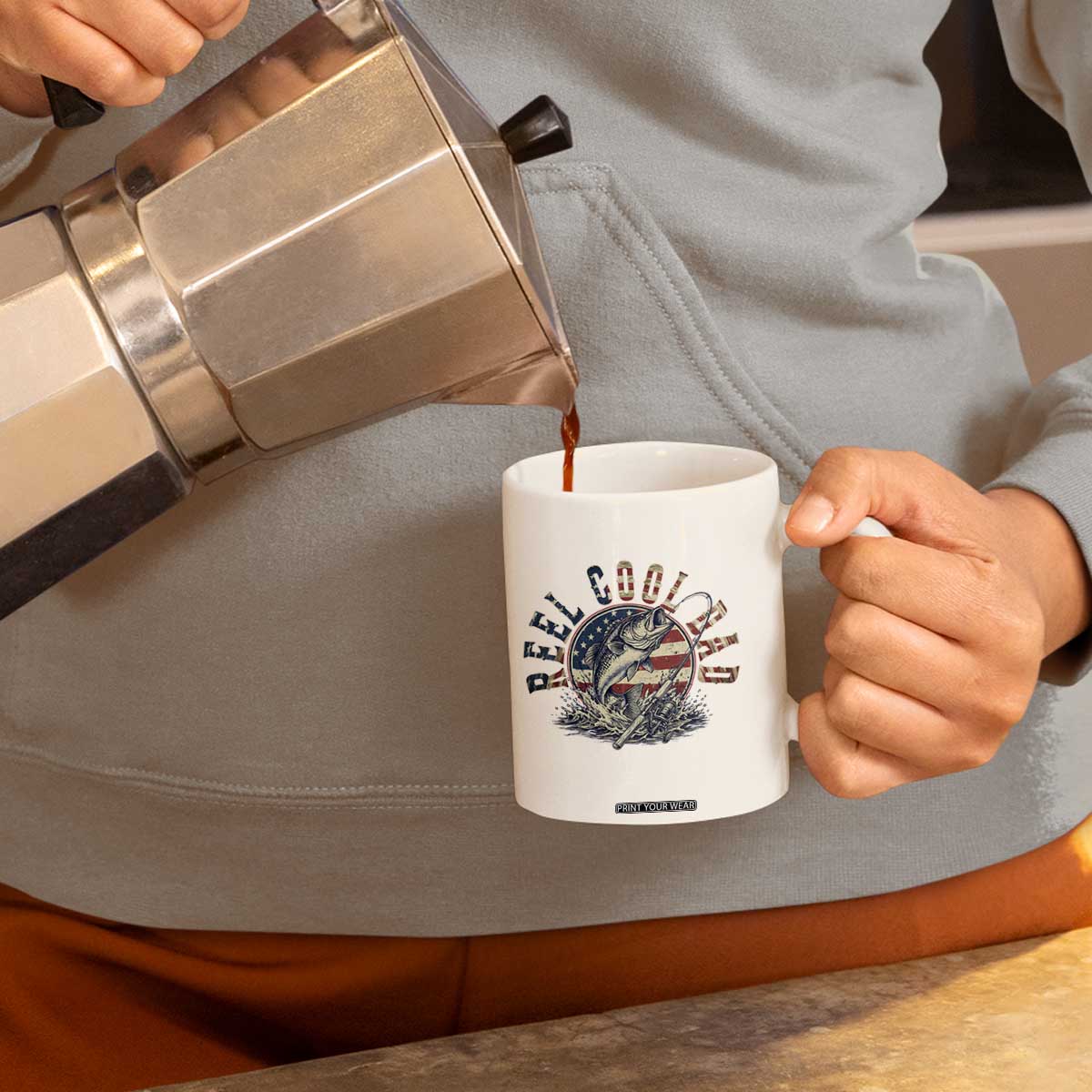Reel Cool Dad Graphic Coffee Mug 4th Of July Fishing Patriotic Dad TS12 Print Your Wear