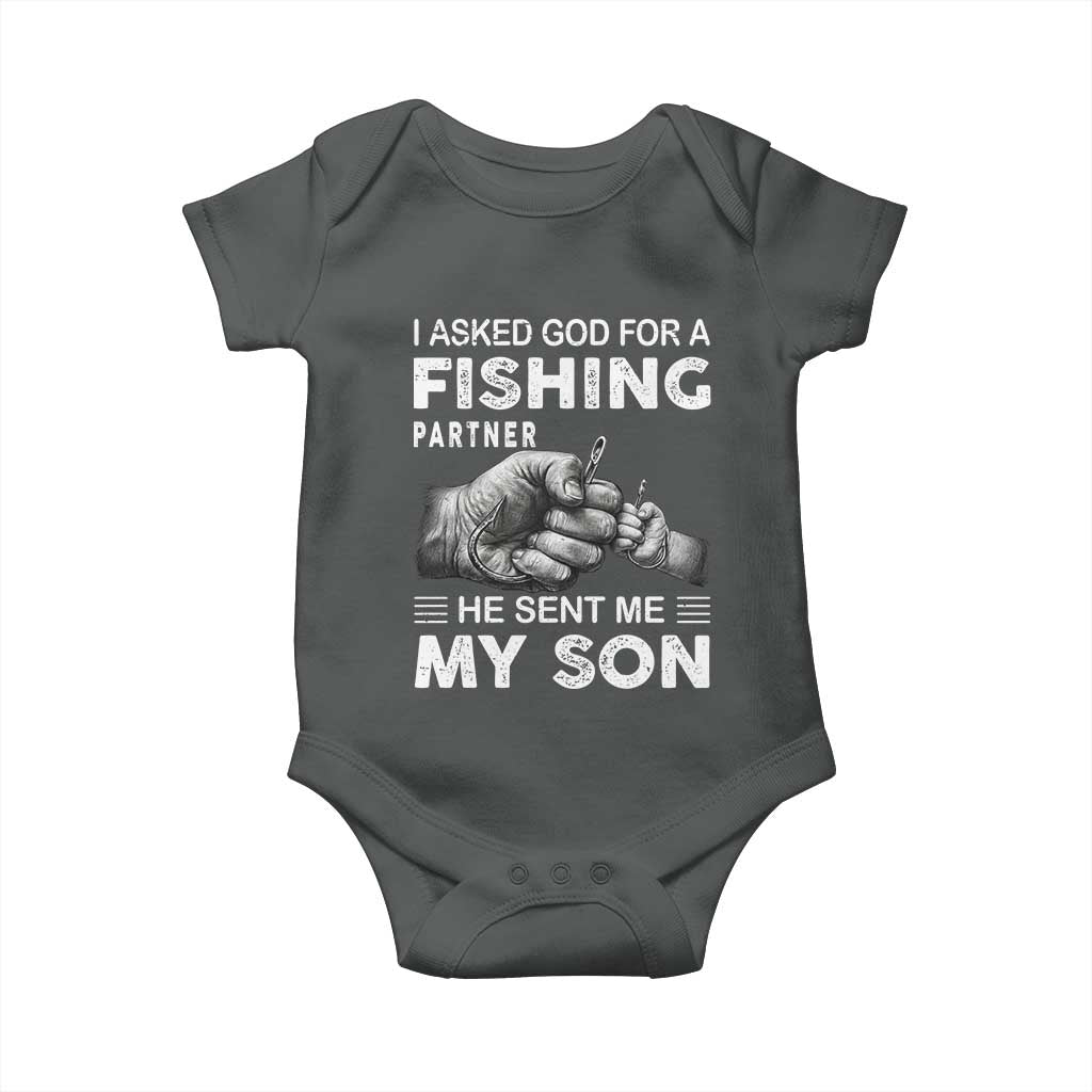 Father And Son Fishing Baby Onesie Asked God For A Fishing Partner Graphic TS12 Dark Heather Print Your Wear