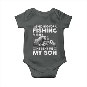 Father And Son Fishing Baby Onesie Asked God For A Fishing Partner Graphic TS12 Dark Heather Print Your Wear