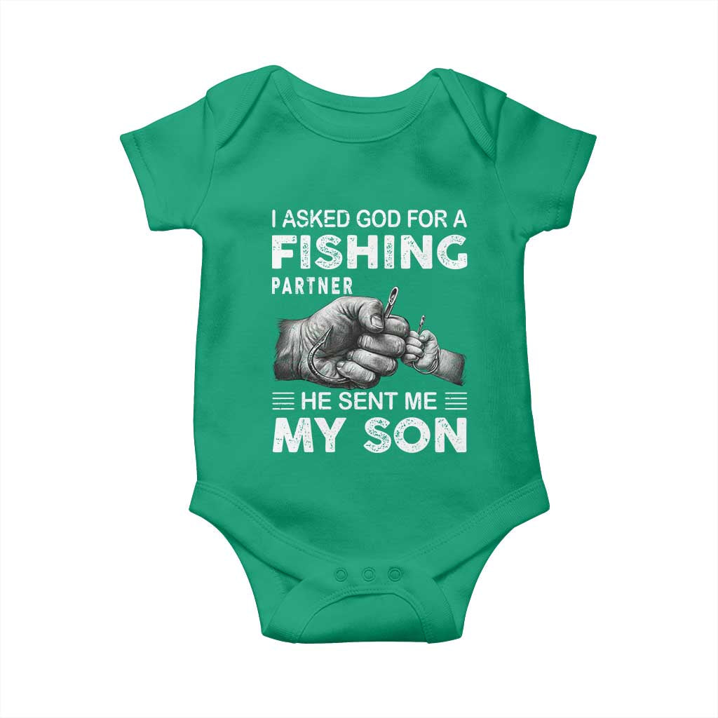Father And Son Fishing Baby Onesie Asked God For A Fishing Partner Graphic TS12 Irish Green Print Your Wear