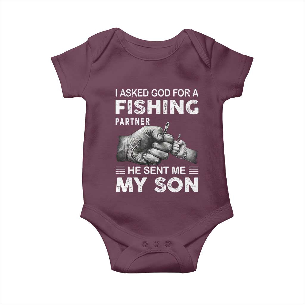 Father And Son Fishing Baby Onesie Asked God For A Fishing Partner Graphic TS12 Maroon Print Your Wear