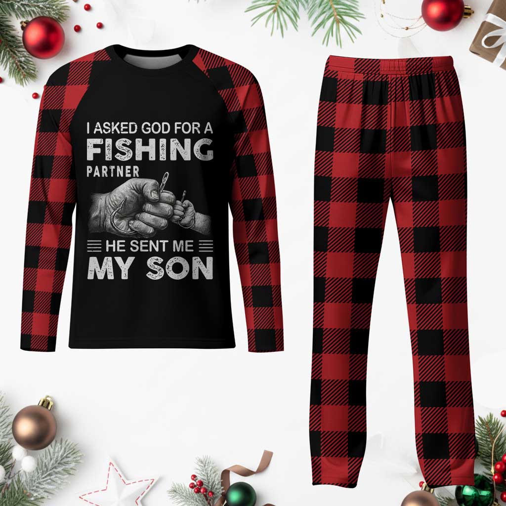 Father And Son Fishing Plaid Pajama Set Asked God For A Fishing Partner Graphic TS12 Buffalo Plaid Print Your Wear
