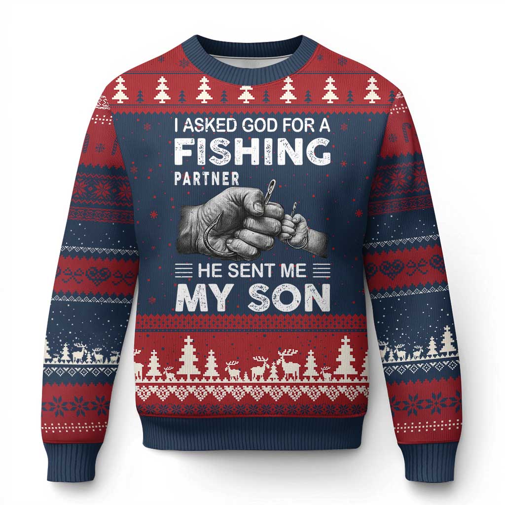 Father And Son Fishing Ugly Christmas Sweater Asked God For A Fishing Partner Graphic TS12 Navy Red Print Your Wear