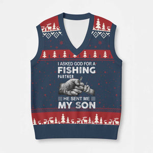 Father And Son Fishing V-Neck Knit Sweater Vest Asked God For A Fishing Partner Graphic TS12 Navy Red Print Your Wear