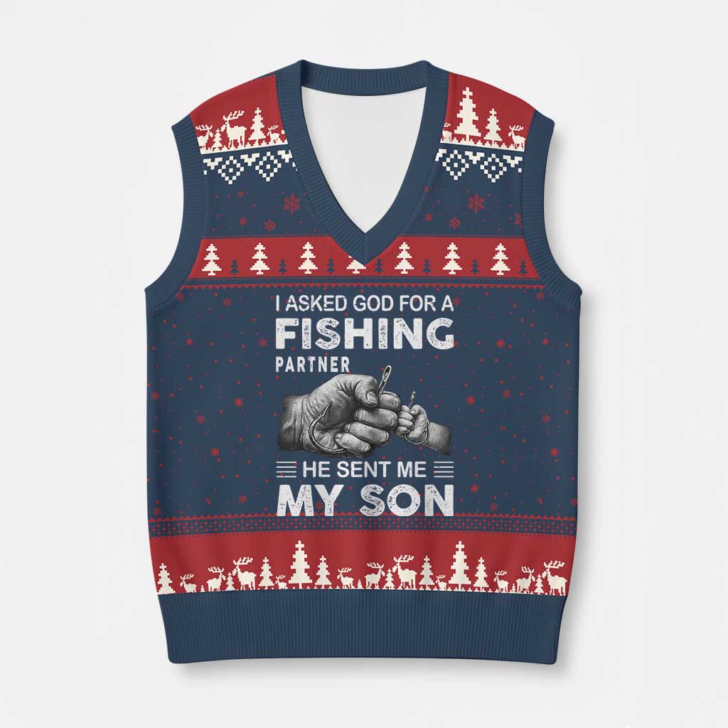 Father And Son Fishing V-Neck Knit Sweater Vest Asked God For A Fishing Partner Graphic TS12 Navy Red Print Your Wear