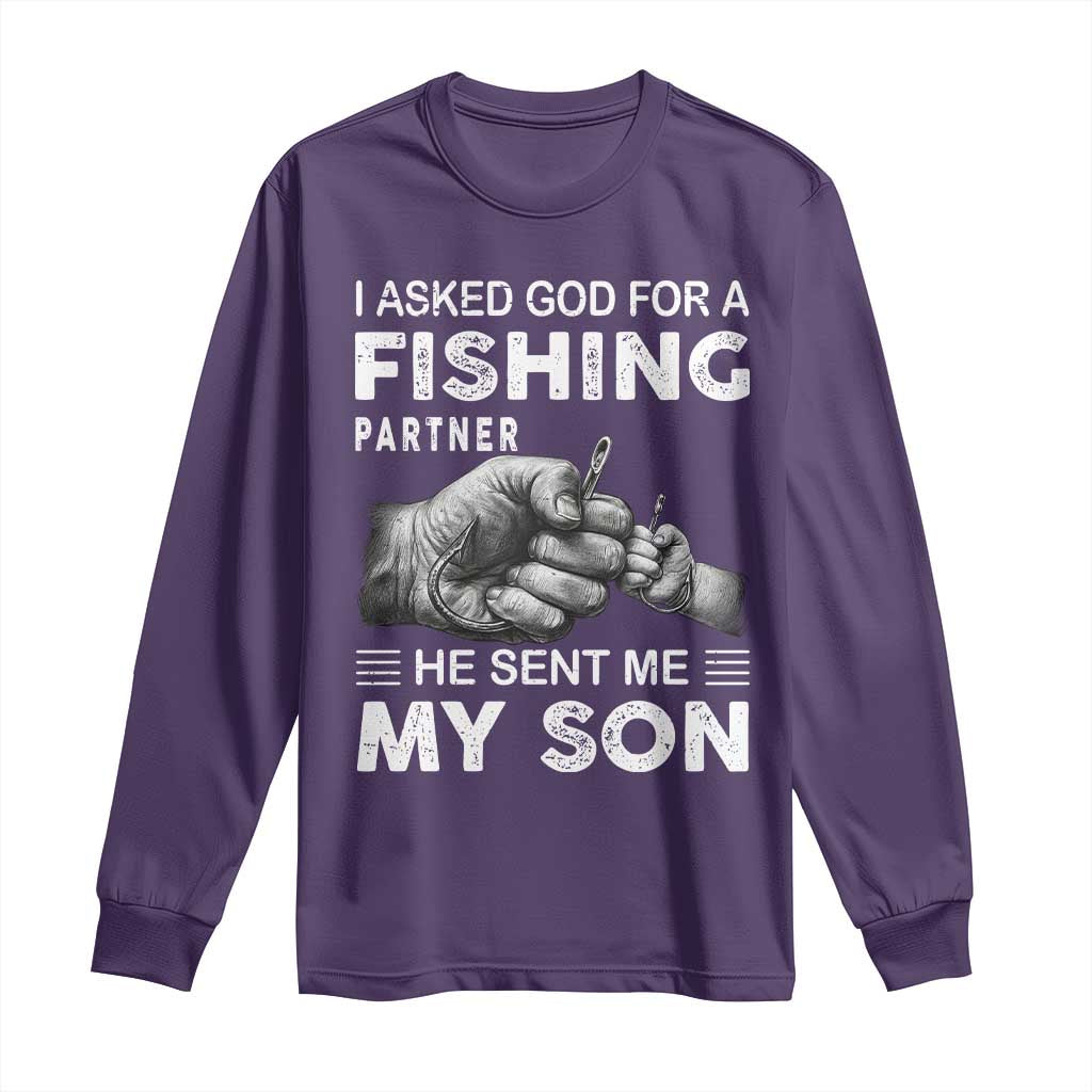 Father And Son Fishing Long Sleeve Shirt Asked God For A Fishing Partner Graphic TS12 Purple Print Your Wear