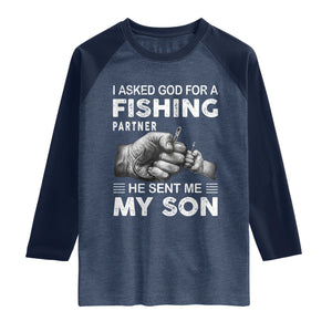 Father And Son Fishing Raglan Shirt Asked God For A Fishing Partner Graphic TS12 Heather Denim Navy Print Your Wear
