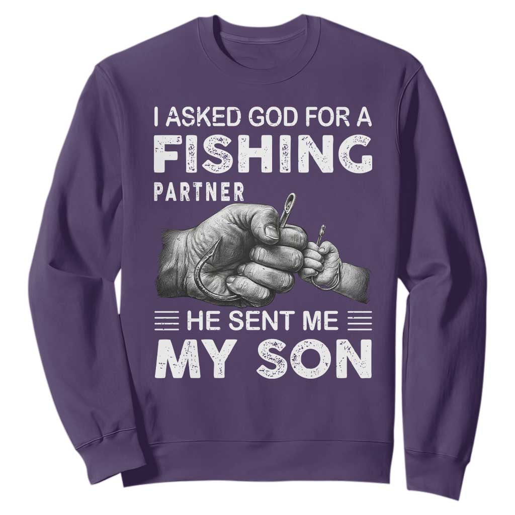 Father And Son Fishing Sweatshirt Asked God For A Fishing Partner Graphic TS12 Purple Print Your Wear
