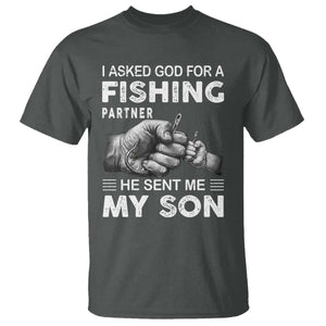 Father And Son Fishing T Shirt Asked God For A Fishing Partner Graphic TS12 Dark Heather Print Your Wear