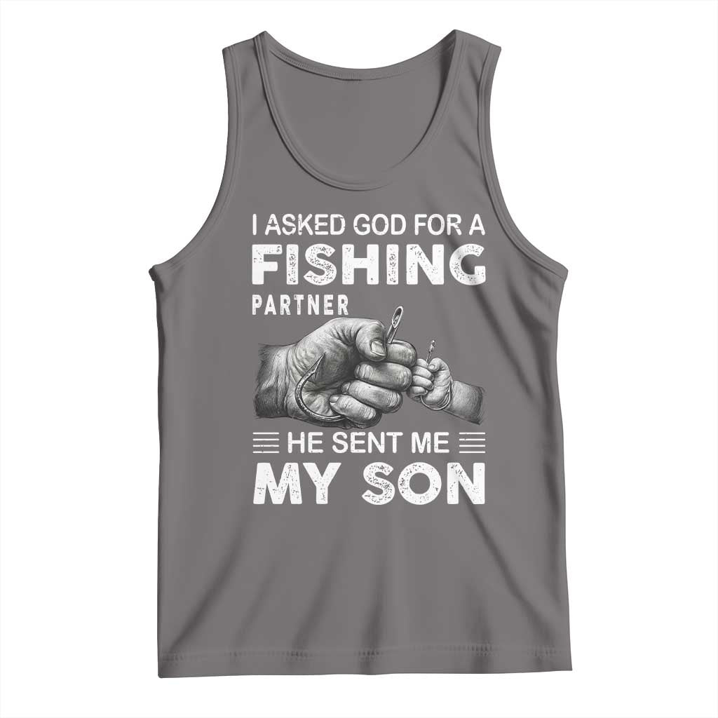Father And Son Fishing Tank Top Asked God For A Fishing Partner Graphic TS12 Deep Heather Print Your Wear
