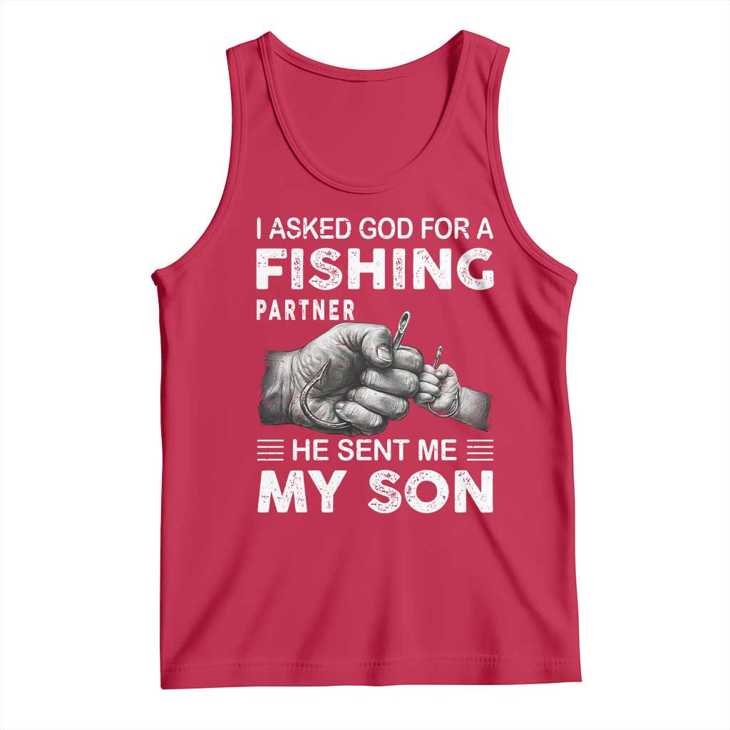 Father And Son Fishing Tank Top Asked God For A Fishing Partner Graphic TS12 Red Print Your Wear