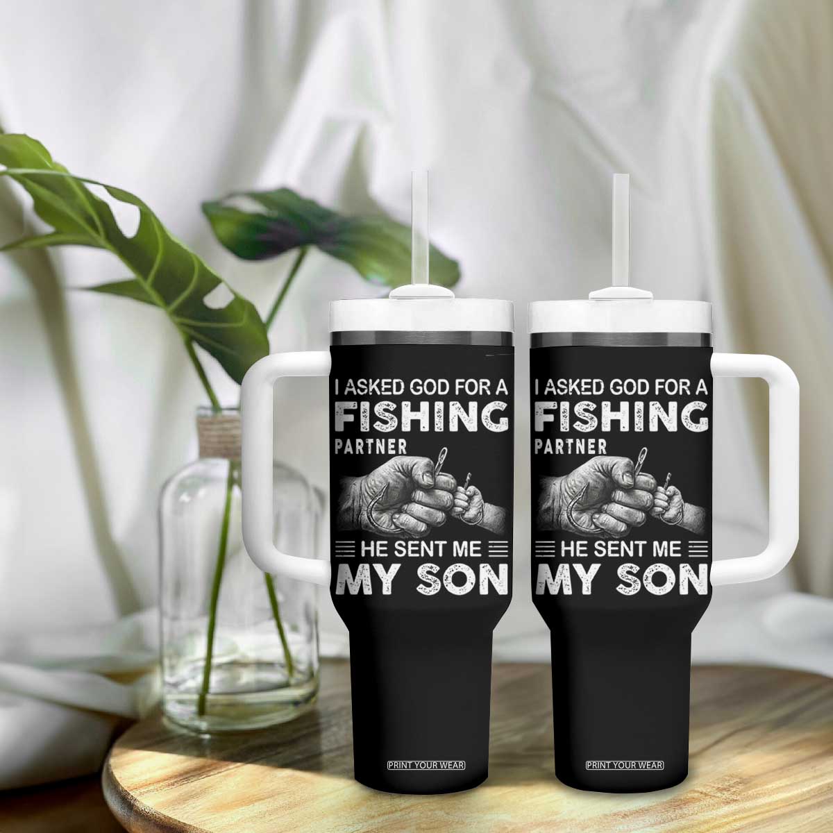 Father And Son Fishing Tumbler With Handle Asked God For A Fishing Partner Graphic TS12 Print Your Wear