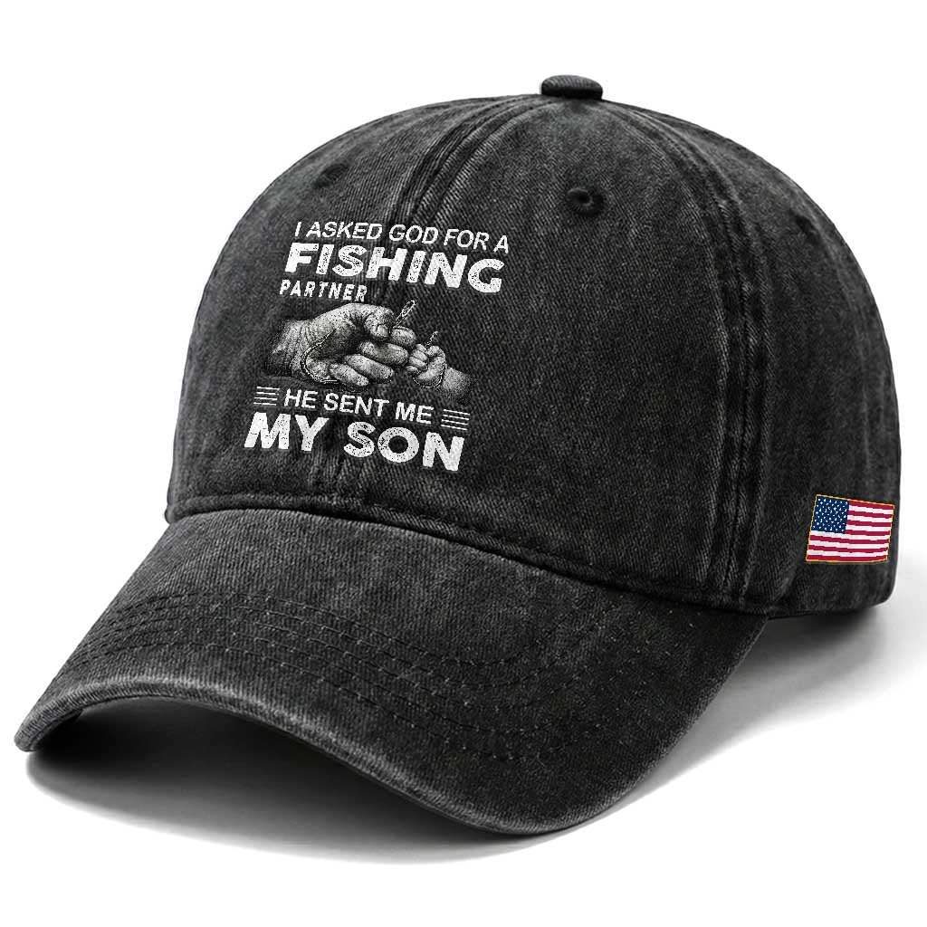 Father And Son Fishing Washed Cotton Baseball Cap Asked God For A Fishing Partner Graphic TS12 Print Your Wear