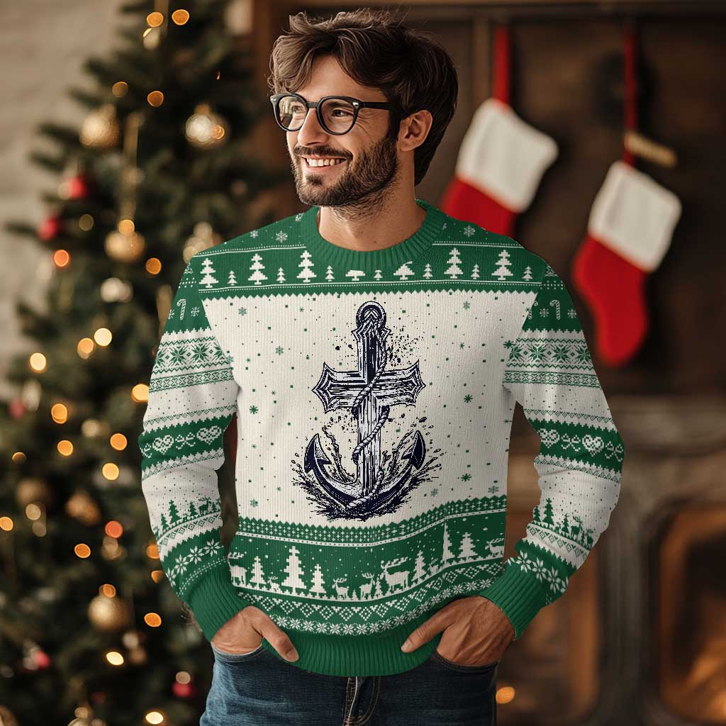 Faith Family Fishing Jesus Cross Anchor Ugly Christmas Sweater Funny Christian Fisherman TS12 Beige Green Print Your Wear