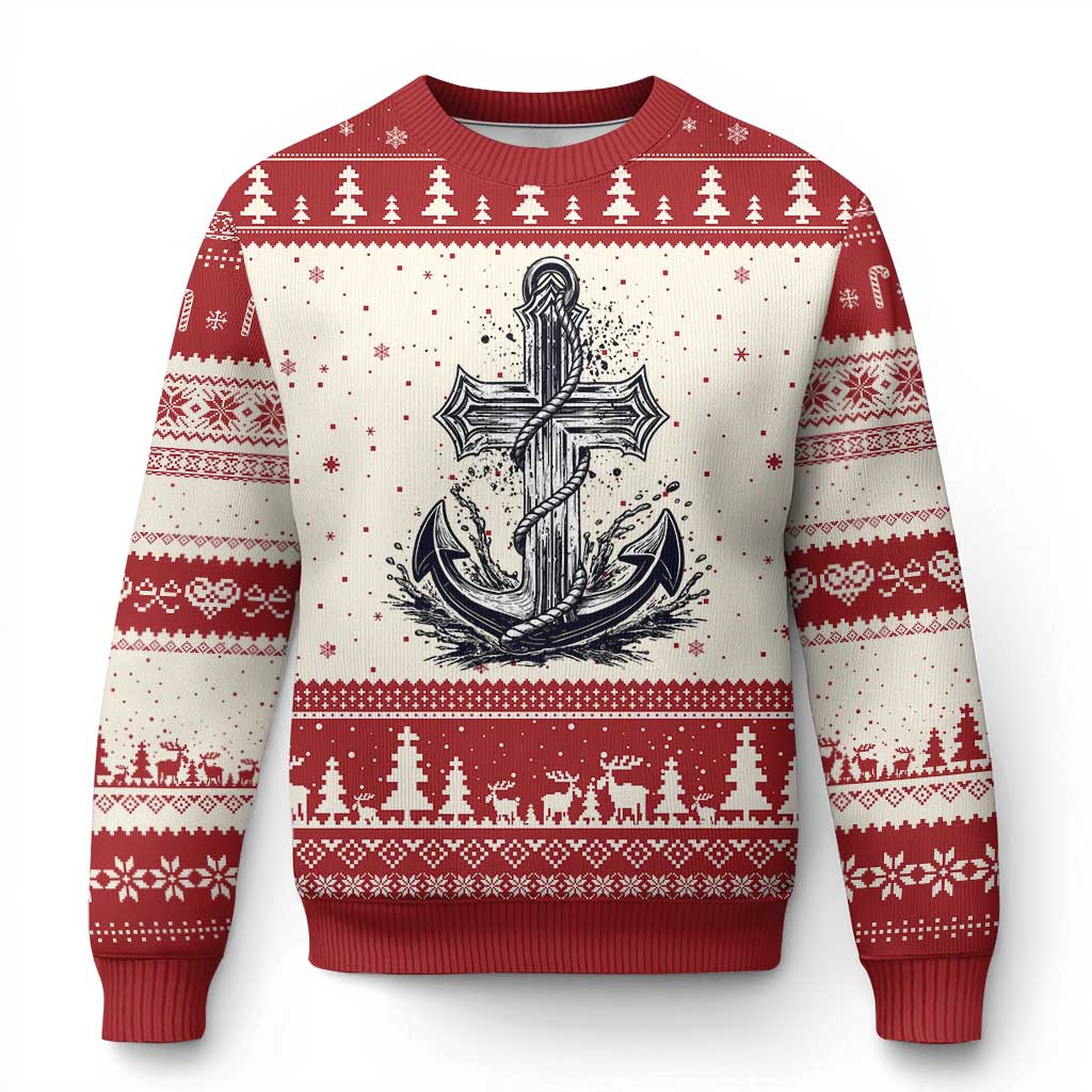 Faith Family Fishing Jesus Cross Anchor Ugly Christmas Sweater Funny Christian Fisherman TS12 Beige Red Print Your Wear