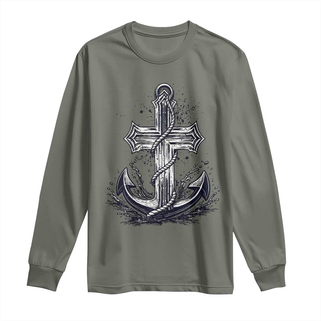 Faith Family Fishing Jesus Cross Anchor Long Sleeve Shirt Funny Christian Fisherman TS12 Military Green Print Your Wear