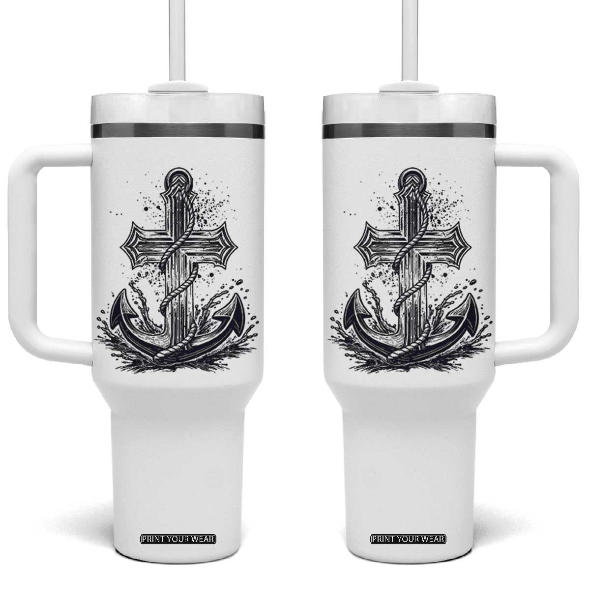 Faith Family Fishing Jesus Cross Anchor Tumbler With Handle Funny Christian Fisherman TS12 One Size: 40 oz White Print Your Wear