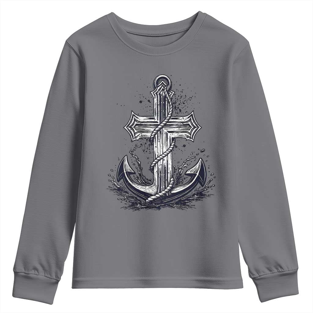 Faith Family Fishing Jesus Cross Anchor Youth Sweatshirt Funny Christian Fisherman TS12 Charcoal Print Your Wear