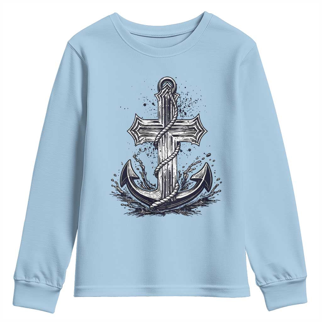 Faith Family Fishing Jesus Cross Anchor Youth Sweatshirt Funny Christian Fisherman TS12 Light Blue Print Your Wear
