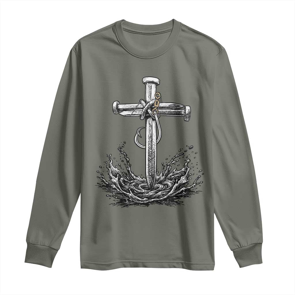 Faith Family Fishing Long Sleeve Shirt Christian Jesus Cross Fathers Day Gift TS12 Military Green Print Your Wear